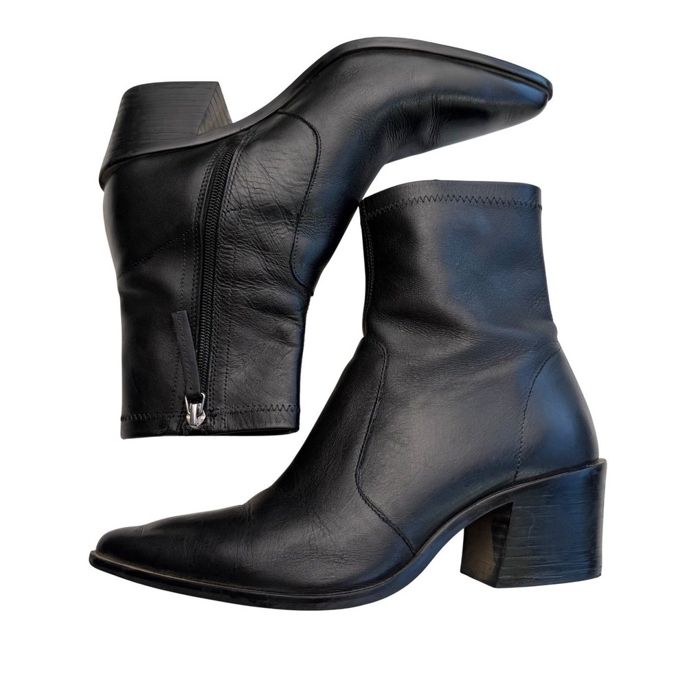 Zara Black Leather Ankle Boots Block Heel Side Zip Minimalist Goth Cowboy 6.5